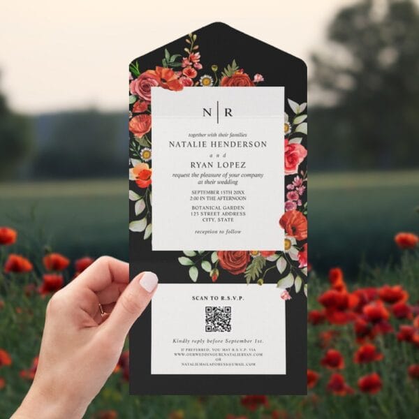 wildflowers poppy red floral dark wedding qr rsvp all in one invitation r v4n5yc 1000.jpg